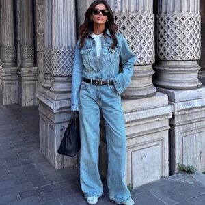NWT Zara Long Sleeve Denim Jumpsuit Straight Leg Sz M